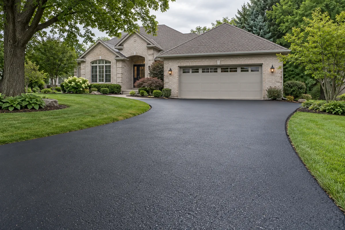 Illustrative Dark asphalt driveway leading to a residential garage