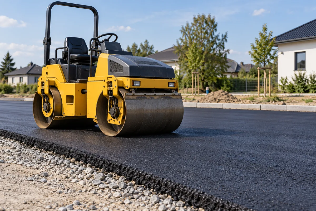 Illustrative Compact tandem roller on newly laid asphalt beside a prepared base